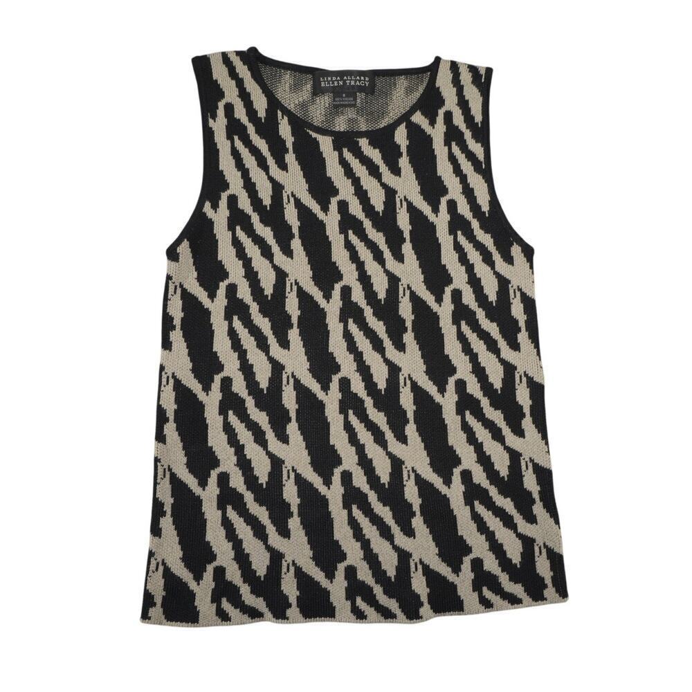 Linda Allard Ellen Tracy Geometric Knit Sleeveless Top Beige Black Size S - Picture 2 of 4